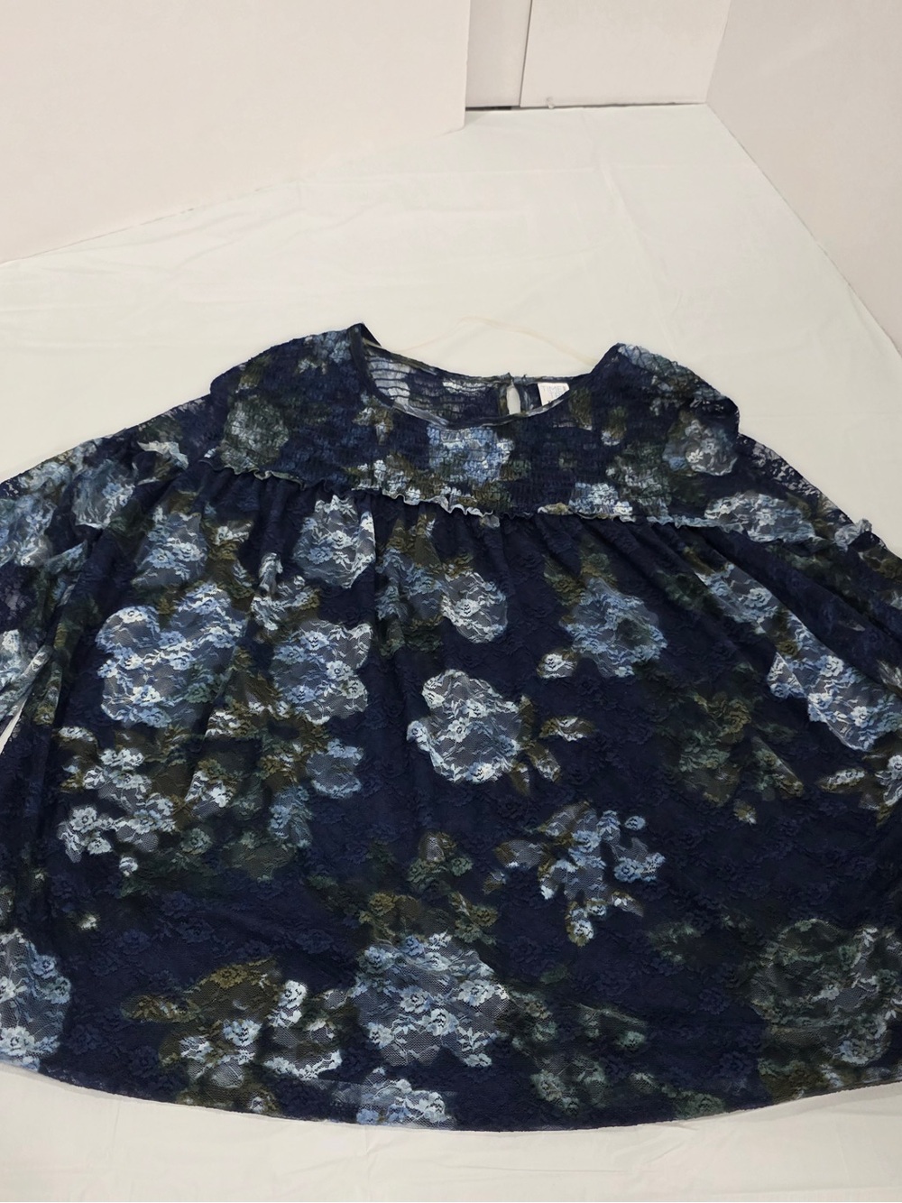 Time and Tru Navy Lace Top with Green and Light Blue Floral Print